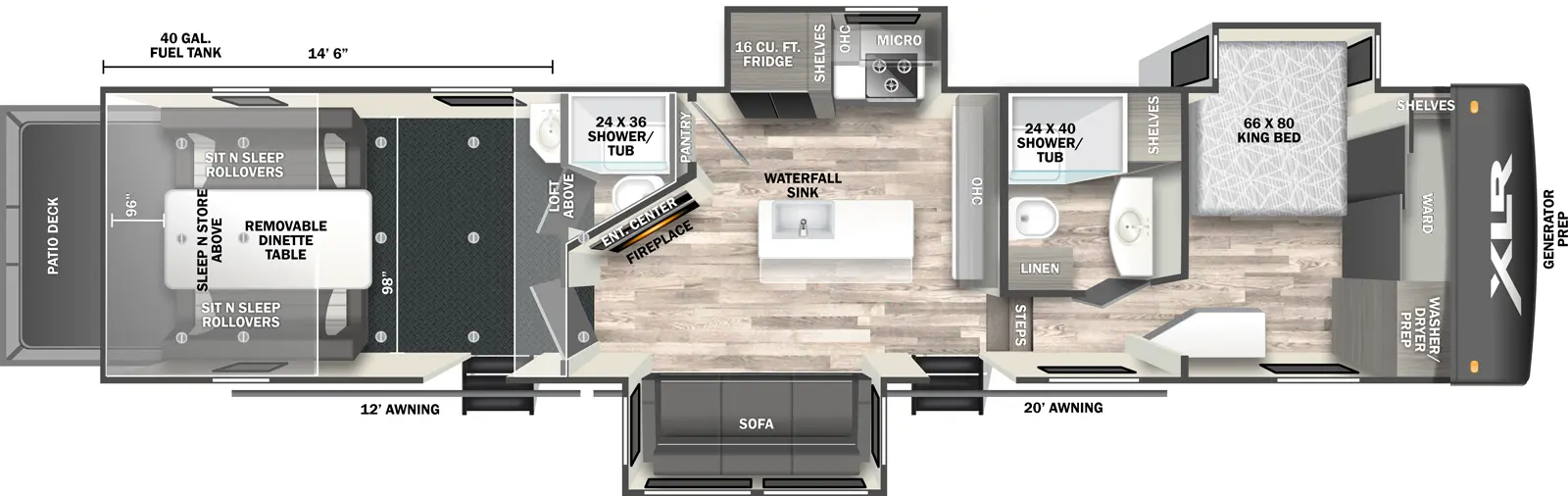 The 39G15 has three slideouts and two entries. Exterior features a 12 foot awning and a 20 foot awning, fuel tank, front generator prep, and rear patio deck. Interior layout front to back: wardrobe with shelves and washer/dryer prep, and off-door side king bed slideout and shelves; off-door side full bathroom with linen closet; counter with overhead cabinet along inner wall; off-door side slideout with microwave, cooktop, overhead cabinet, shelves, and refrigerator; kitchen island with waterfall sink; door side entry, and sofa slideout; pantry and angled entertainment center with fireplace along inner wall; rear garage with a room with a shower and toilet, a sink outside, loft above, second entry, and rear opposing sit n sleep rollovers with removeable dinette table, and sleep n store above. Garage dimensions: 14 foot 6 inches from rear to living room wall; 98 inch from side to side; 96 inches rear ramp door height.